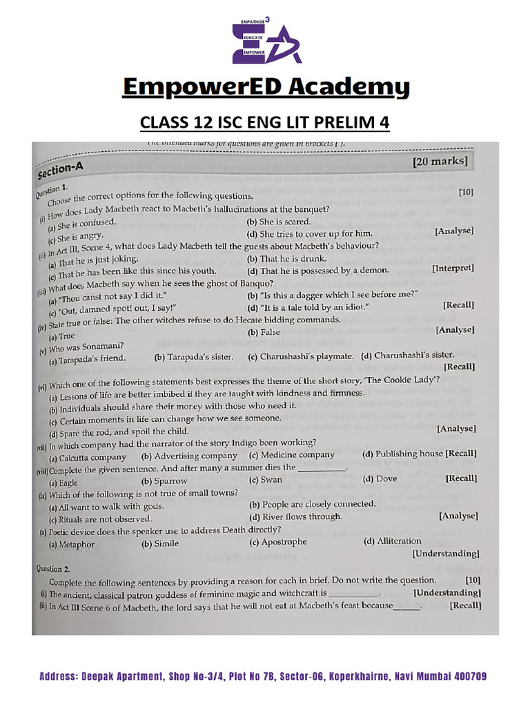 Class 12 Isc Eng Lit Prelim 4 | PDF