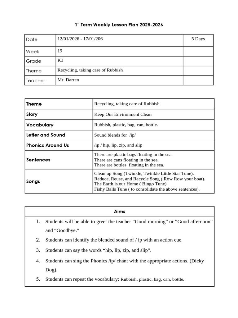 K3 Weekly Lesson Plan: Recycling Theme | PDF | Waste | Phonics