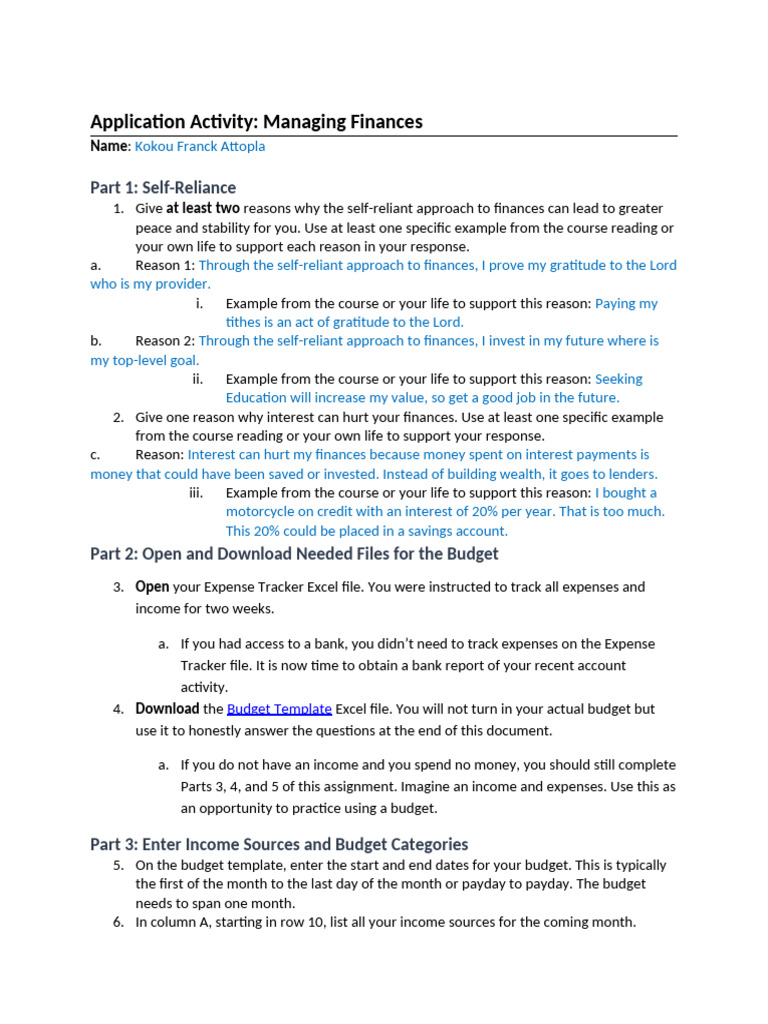 Managing Finances: Self-Reliance & Budgeting | PDF | Budget | Expense