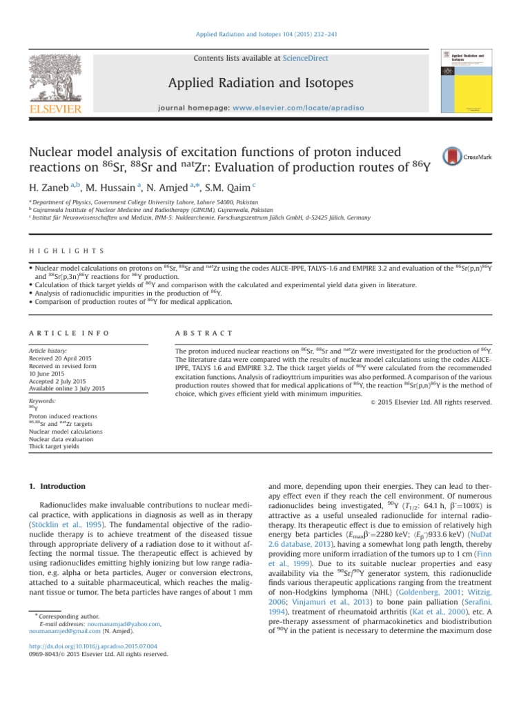 Proton Reactions for 86Y Production Analysis | PDF | Radionuclide ...