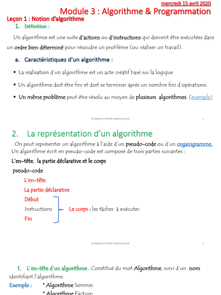 Notions fondamentales d'algorithme et programmation | PDF | Pi ...