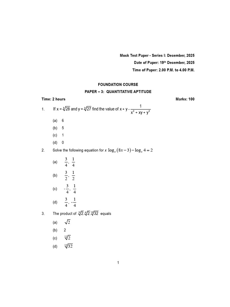 Quantitative Aptitude Mock Test Paper | PDF | Mathematics | Elementary ...