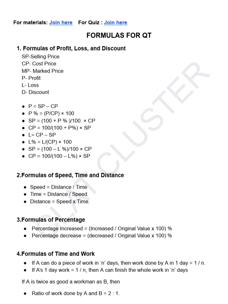 Maths Formula (Clat Cluster) | PDF | Interest