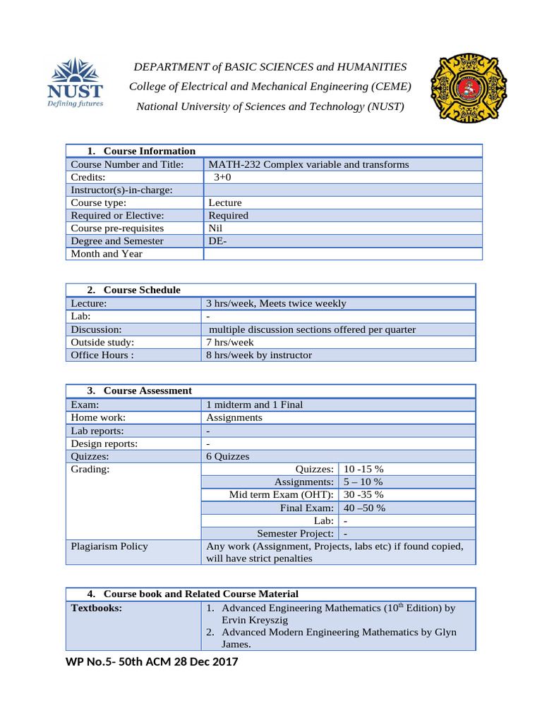 MATH-232 Complex Variables Course Overview | PDF | Function ...