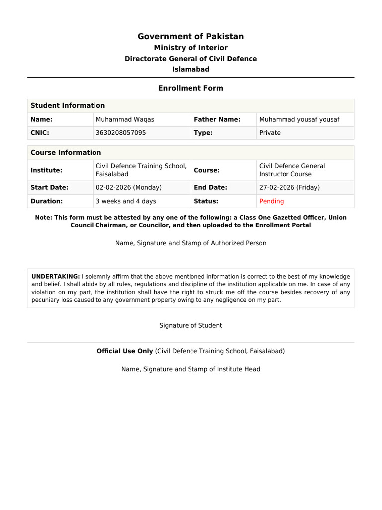 Civil Defence Course Enrollment Form | PDF