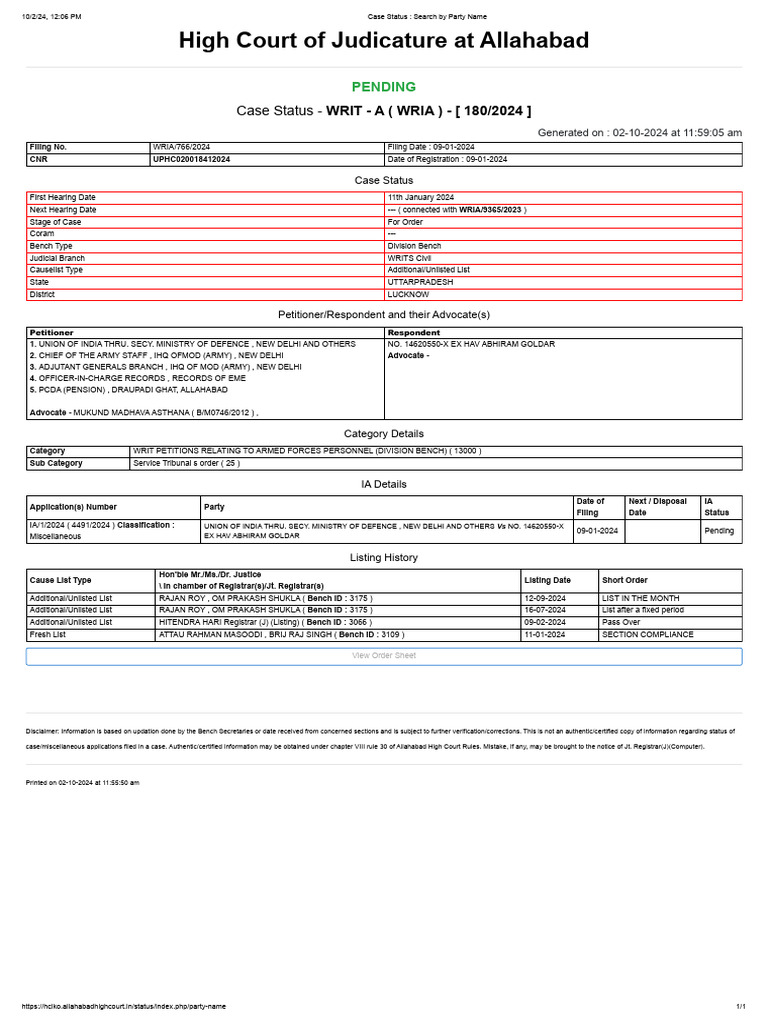 Allahabad High Court Writ Case Status | PDF | Government | Separation ...