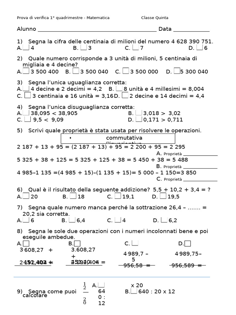 Verifica Matematica 1 Quadrimestre Quinta | PDF
