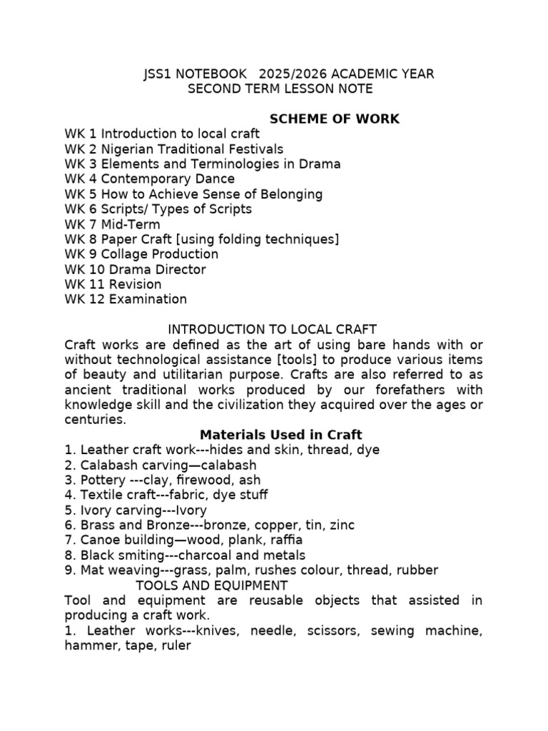 JSS1 Second Term Lesson Notes 2025/26 | PDF | Dances | Crafts