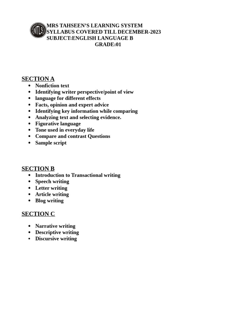 Grade 1 English Language Syllabus 2023 | PDF