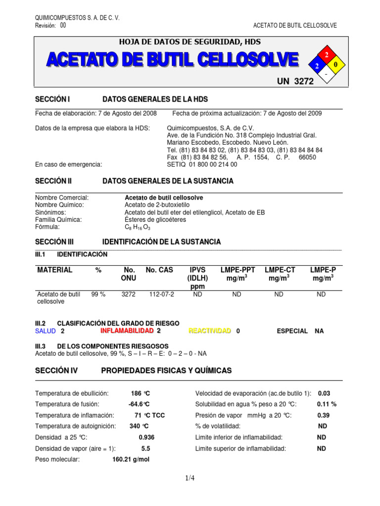 Msds Acetato de Butil Cellosolve | PDF | Agua | Mercancías peligrosas