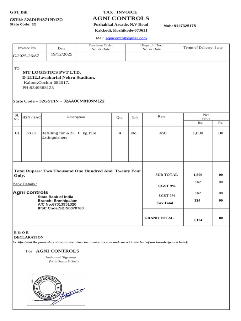 GST Invoice for Fire Extinguisher Service | PDF | Sales | Government Of ...