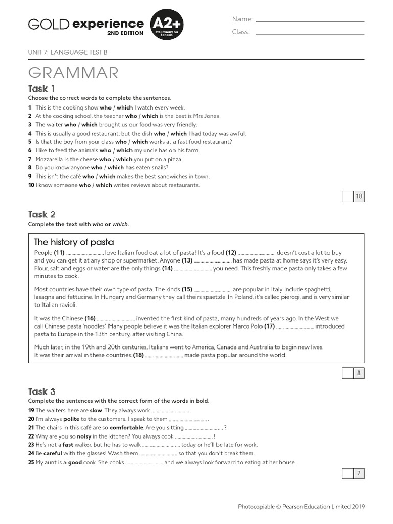 Grammar and Vocabulary Language Test | PDF | Pasta | Lunch