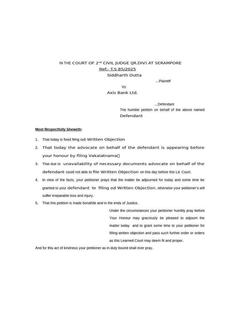 Petition for Adjournment in T.S 85/2025 | PDF
