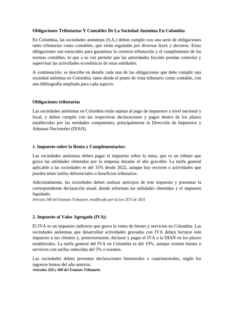 Obligaciones Tributarias y Contables S.A. Colombia | PDF | Compartir ...