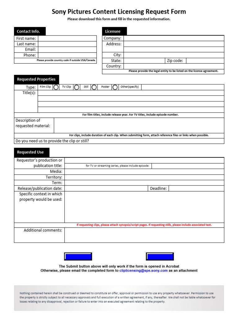 Sony Pictures Licensing Request Form | PDF | License