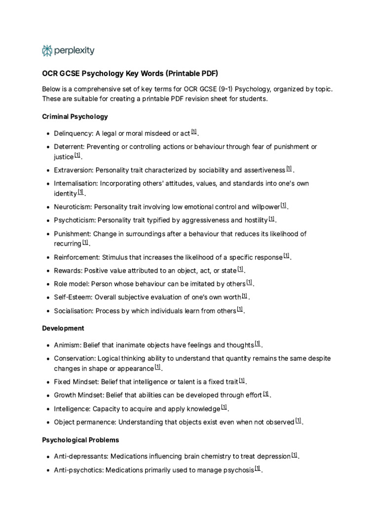 OCR GCSE Psychology Key Terms Guide | PDF | Mental Disorder | Memory
