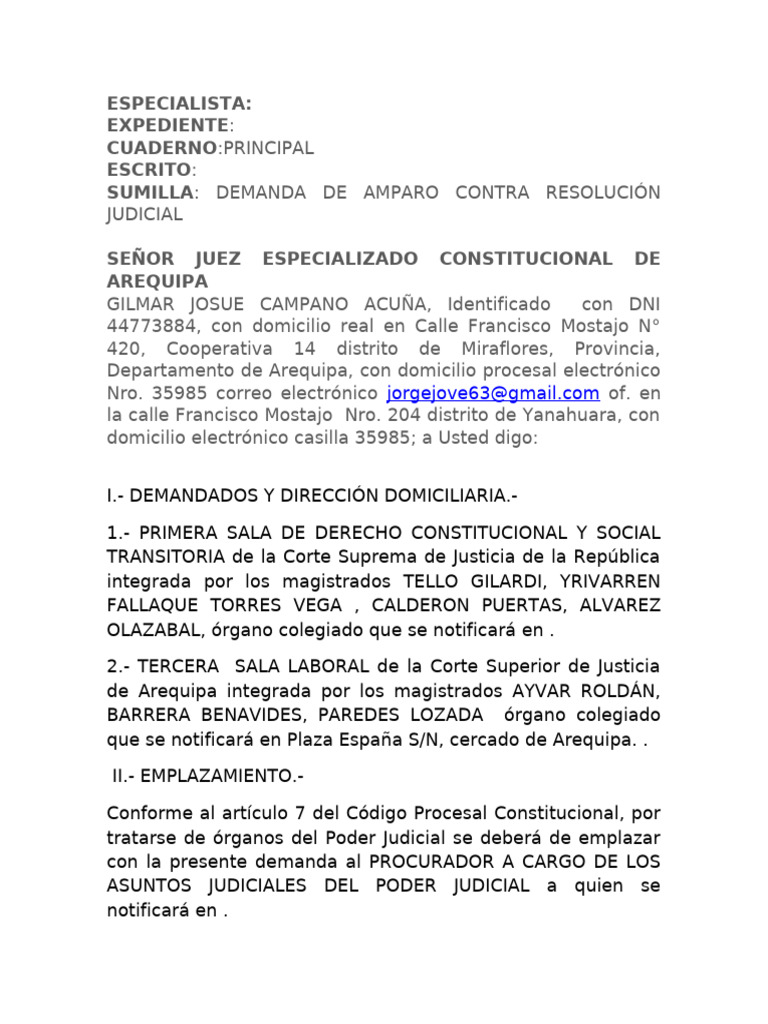 Demanda de Amparo por Nulidad Judicial | PDF | Caso de ley | Sentencia ...