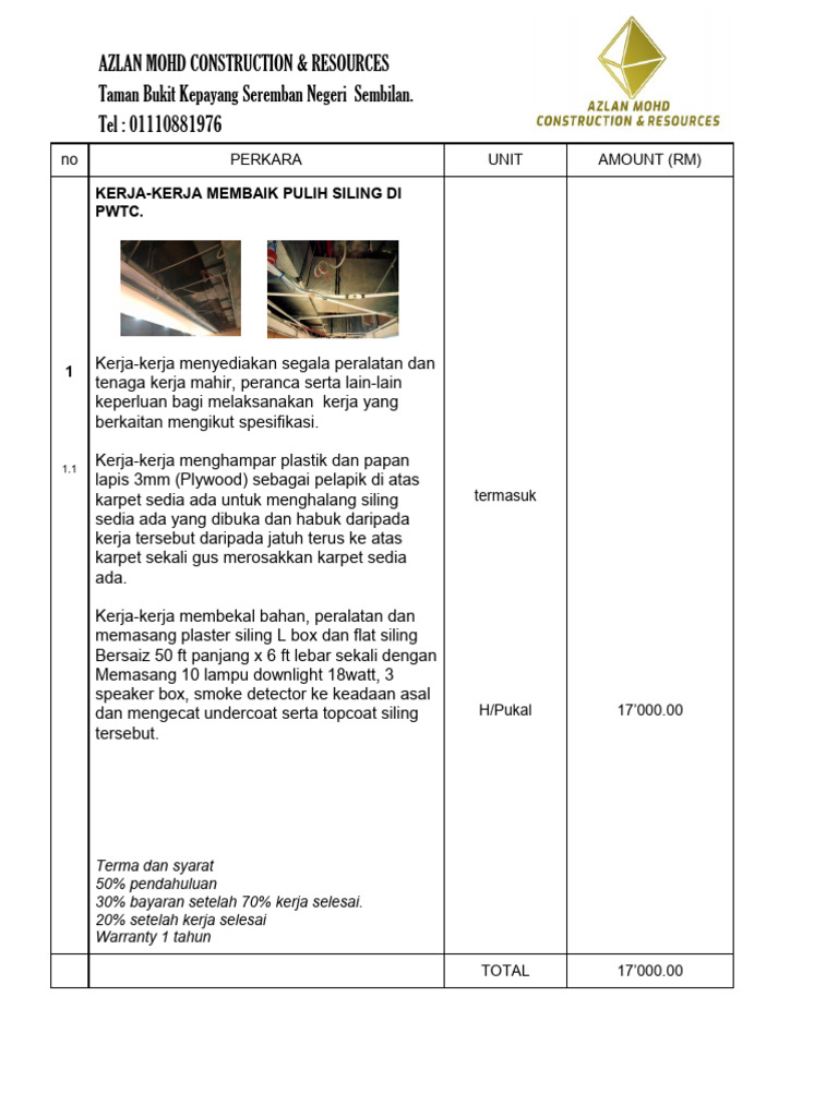Pemulihan Siling PWTC: Anggaran RM17,000 | PDF