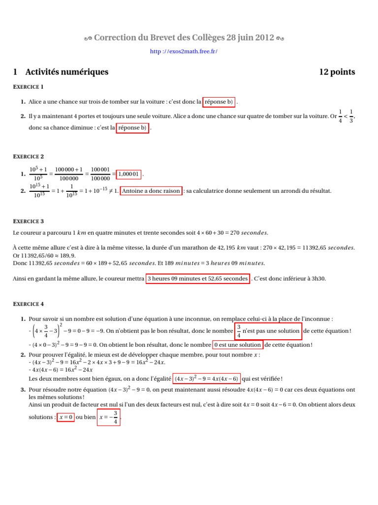 Correction Brevet Francais 2023 France Correction Brevet France 2012 | Zone | Géométrie euclidienne