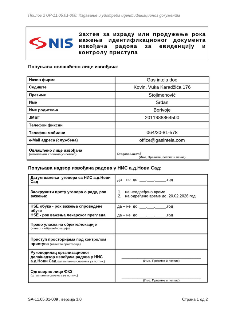 Zahtev NIS Stojimenović Srđan | PDF