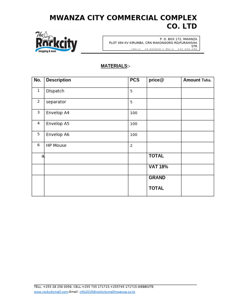 Mwanza City Commercial Complex Invoice | PDF