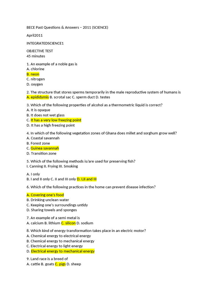 BECE 2011 Science Past Questions | PDF