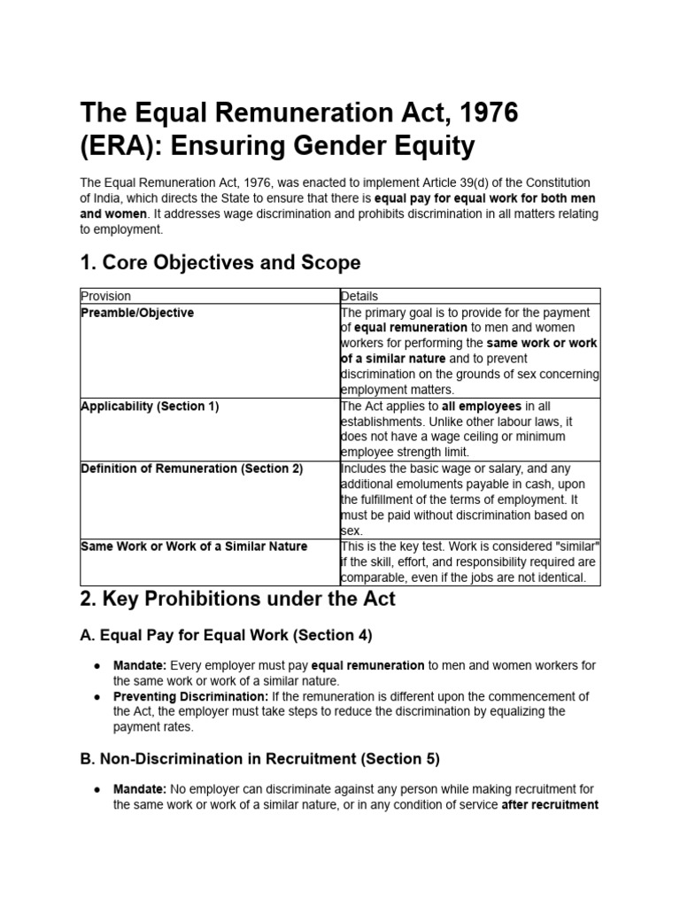 Equal Remuneration Act 1976 Overview | PDF | Employment | Equal Pay For ...
