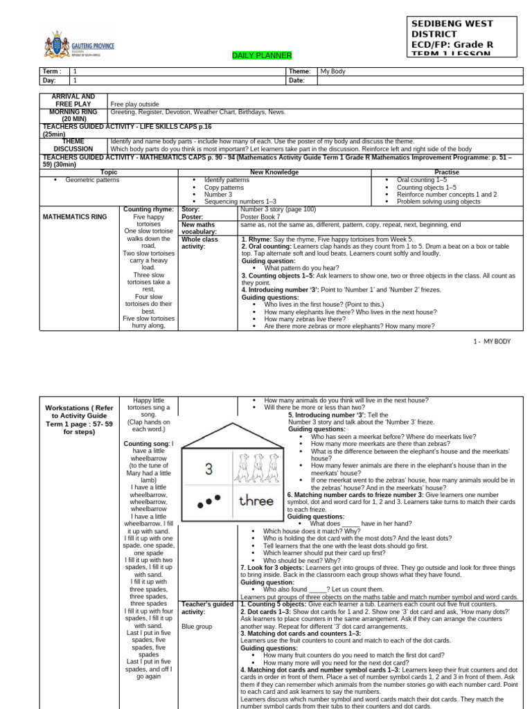 Grade R Daily Planner: My Body Theme | PDF | Learning