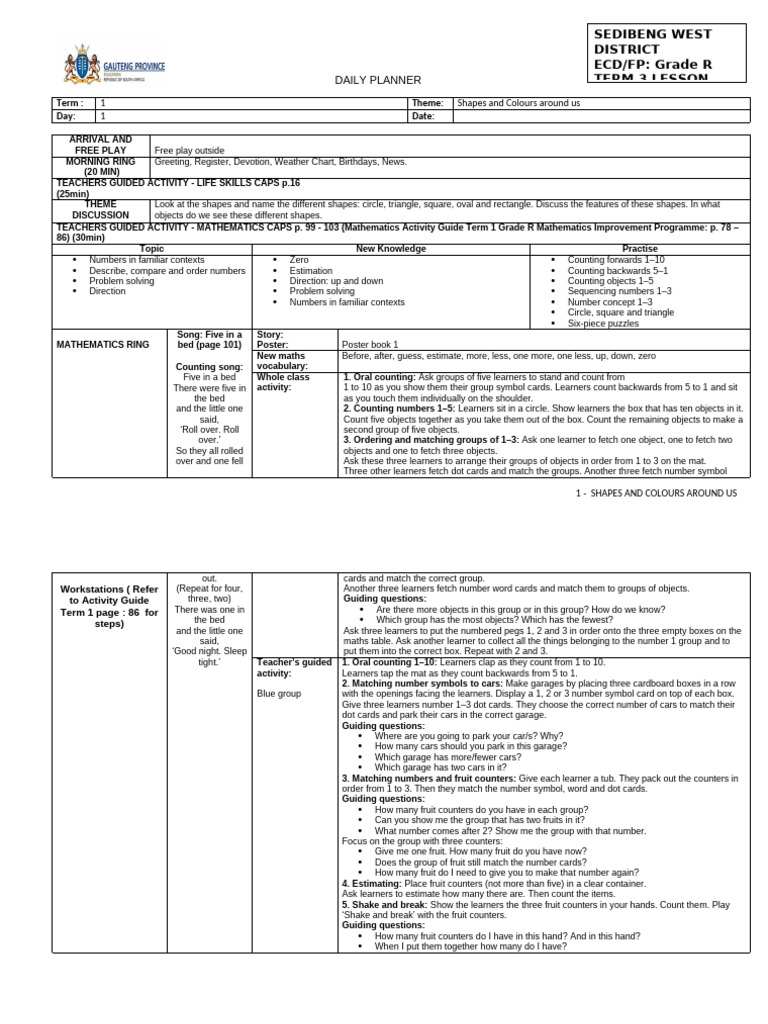 Grade R Daily Planner: Shapes & Colors | PDF | Vocabulary | Mathematics