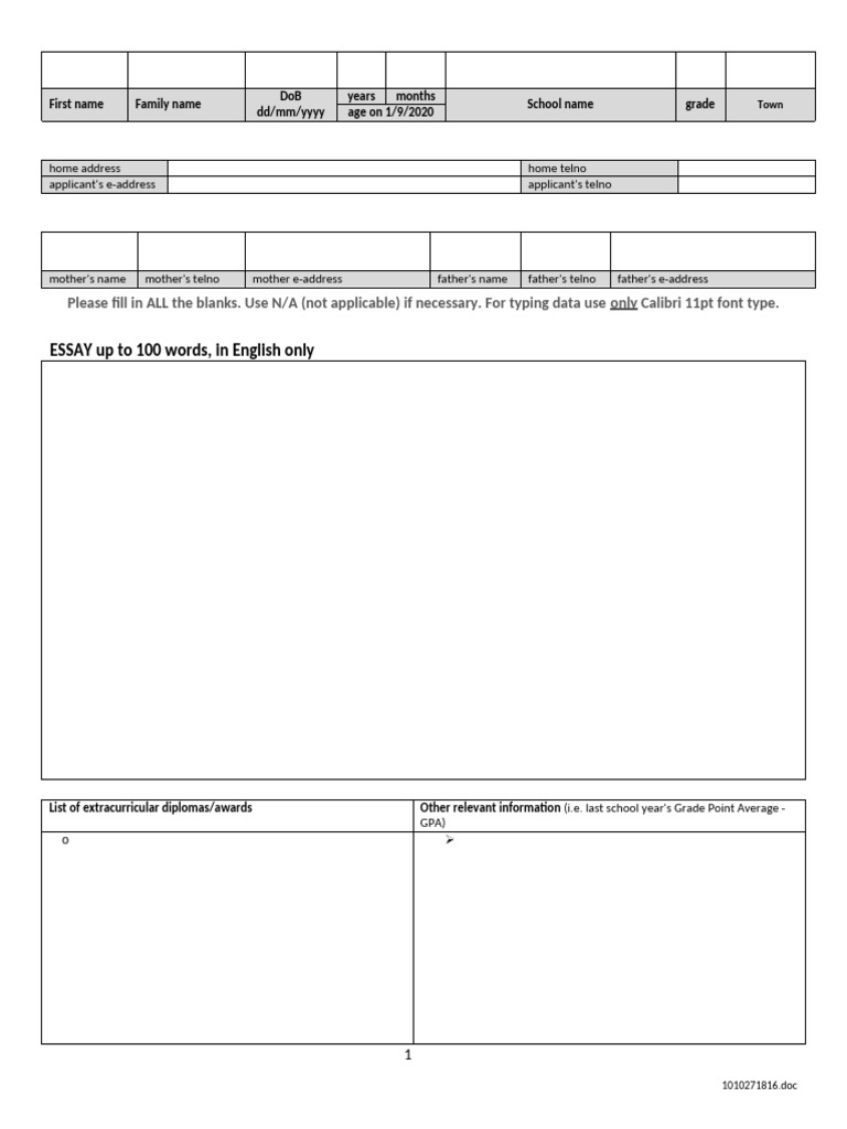 Student Application Form Template | PDF