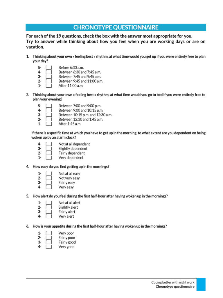 Chronotype Questionnaire for Night Workers | PDF | Physiology | Animal ...