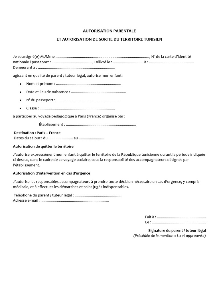Autorisation parentale pour voyage scolaire | PDF