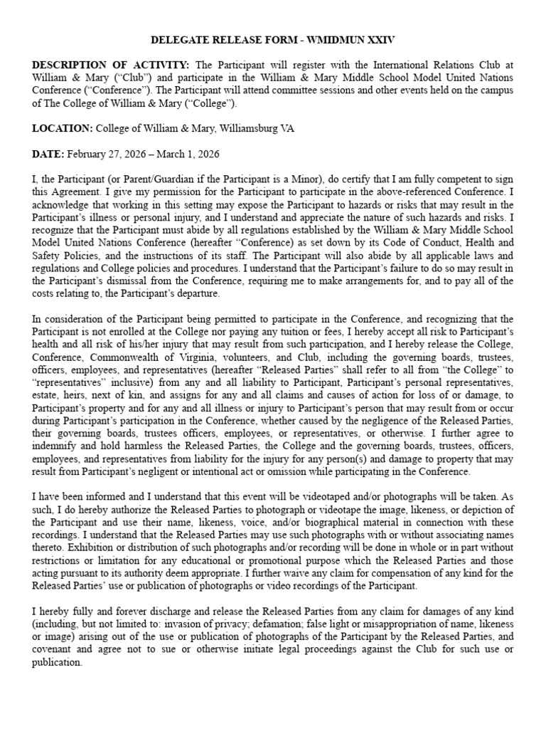 WMIDMUN XXIV Delegate Release Form | PDF | Indemnity | Business Law