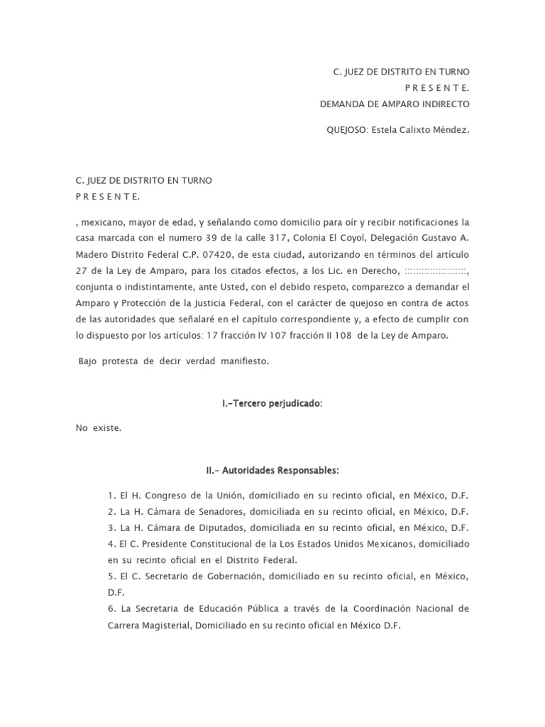 Demanda de Amparo Indirecto en México | PDF | Ejecutivo (gobierno ...