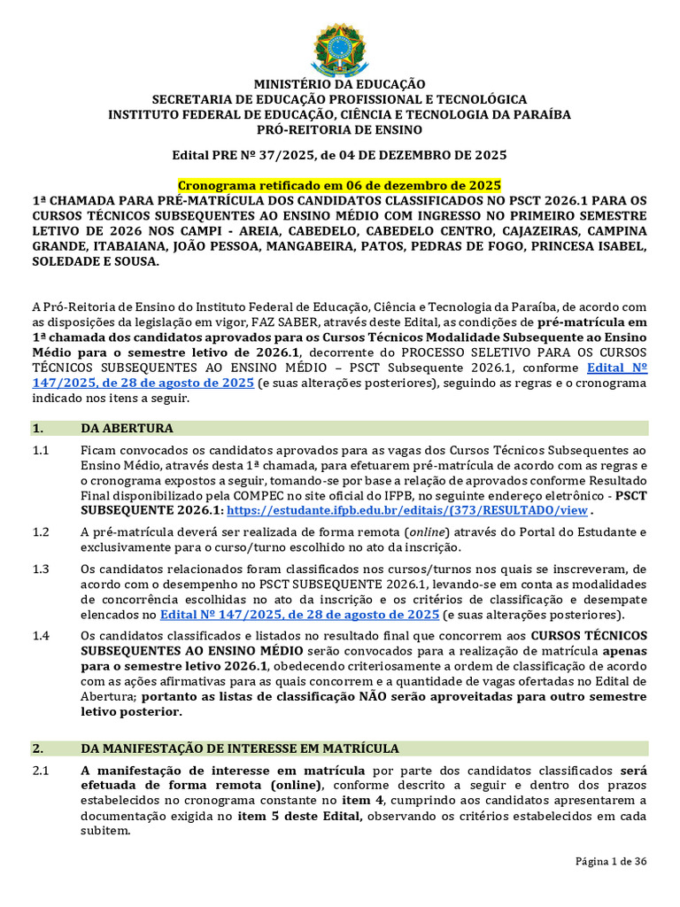 Pré-Matrícula PSCT 2026.1 IFPB | PDF