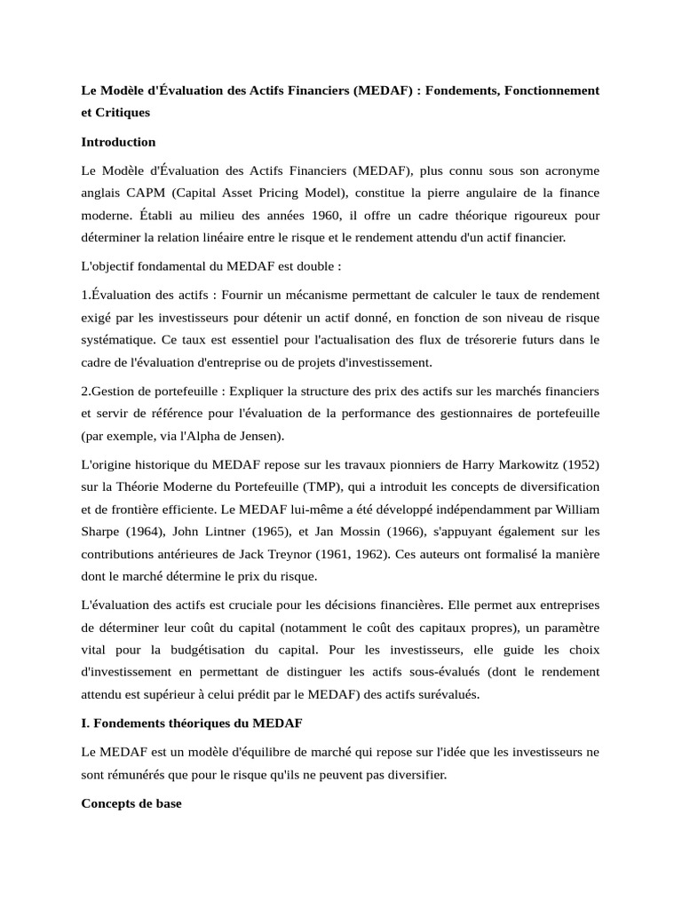 MEDAF : Évaluation des Actifs Financiers | PDF | Modèle d'évaluation ...