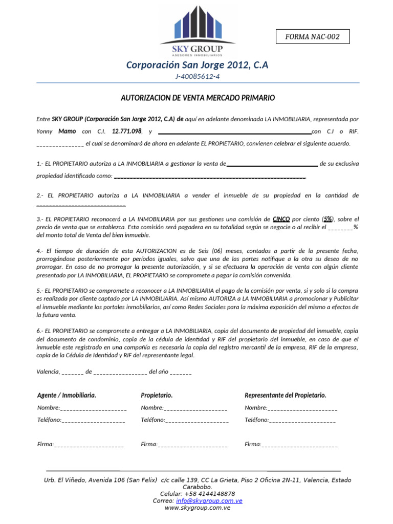 Autorizacion de Venta Mercado Primerio (1) | PDF