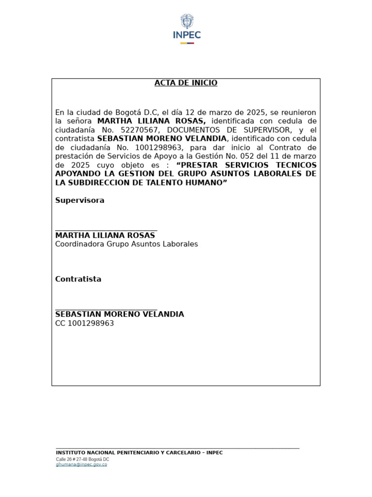Acta de Inicio Contrato INPEC 2025 | PDF