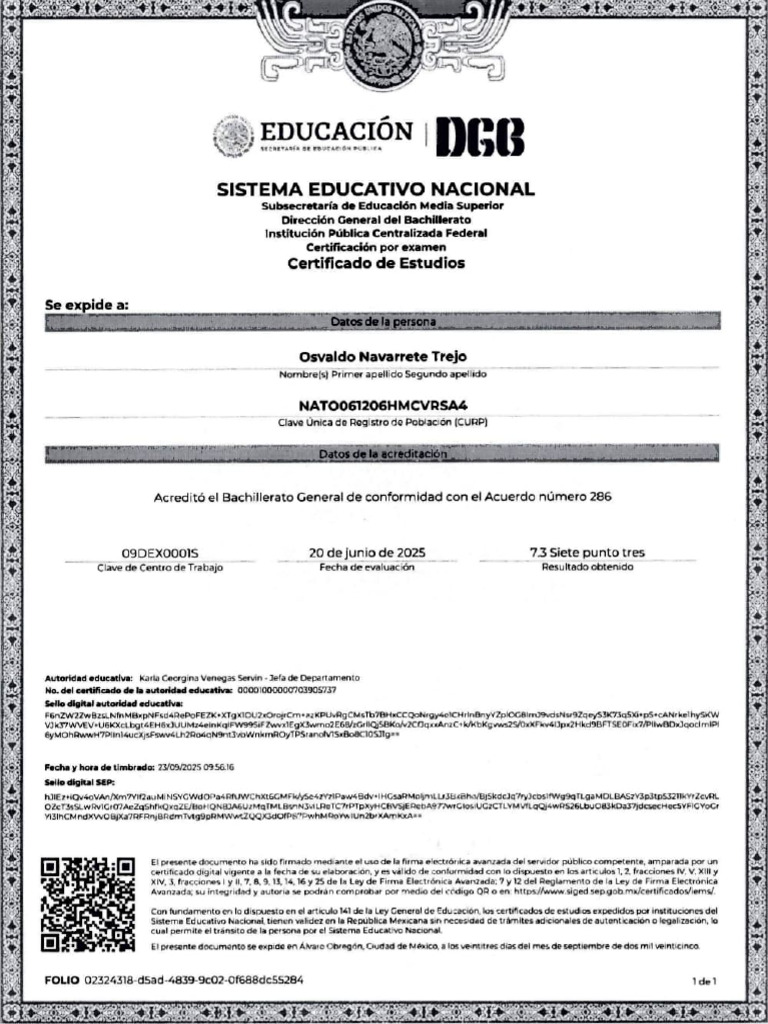 Certificado de Bachillerato SEP 2025 | PDF