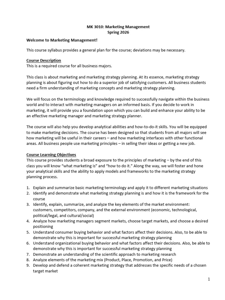 Marketing Management Course Syllabus | PDF | Marketing | Marketing Strategy
