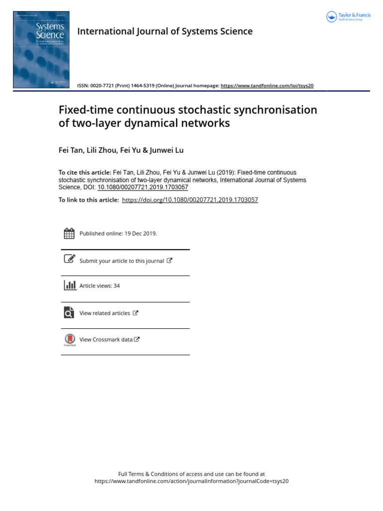 Fixed-Time Stochastic Synchronisation in Networks | PDF | Mathematics ...