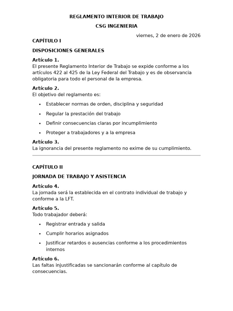 Reglamento Interior de Trabajo CSG Ingeniería | PDF | Regulación