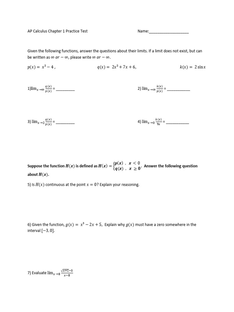 AP Calculus Chapter 1 Limit Practice Test | PDF