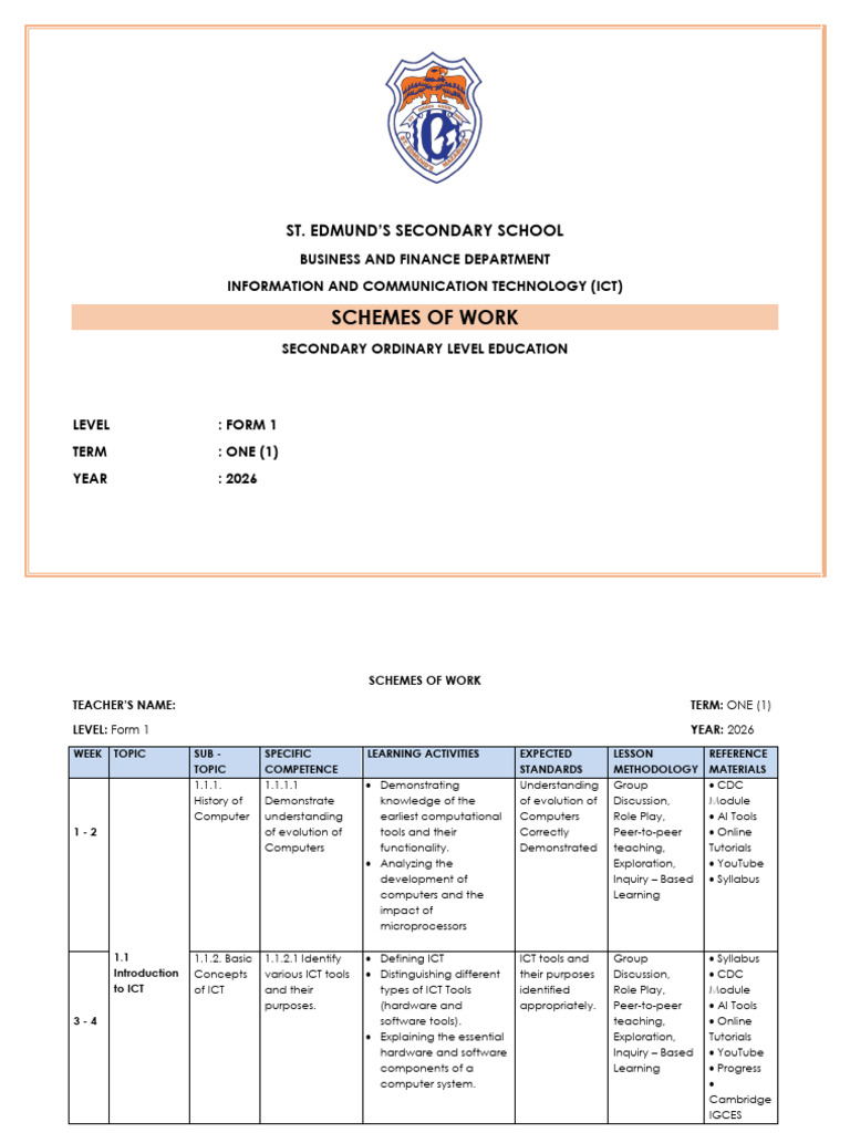 ICT Schemes of Work for Form 1 2026 | PDF | Educational Technology ...