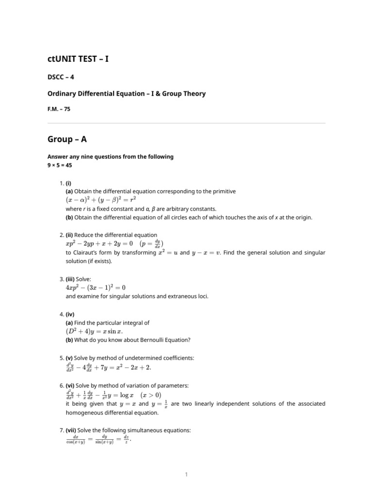 Differential Equations & Group Theory Test | PDF | Group (Mathematics ...