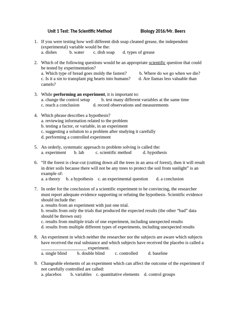 Scientific Method Unit Test Questions | PDF