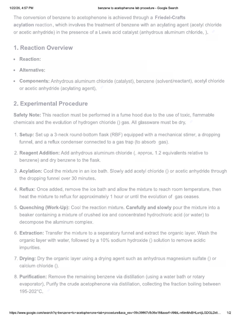 Benzene To Acetophenone Lab Procedure | PDF