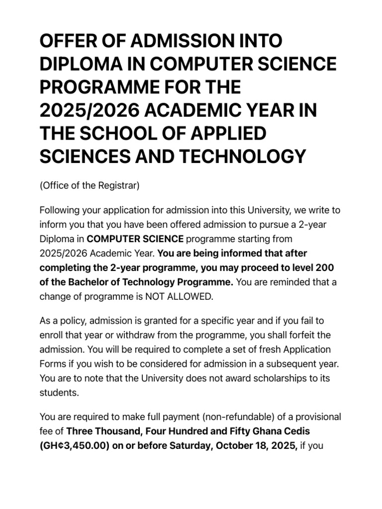 2025/2026 Diploma in Computer Science Admission | PDF