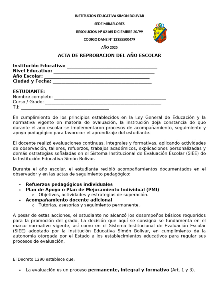 Acta de Reprobación Escolar 2025 | PDF | Evaluación | Escuelas