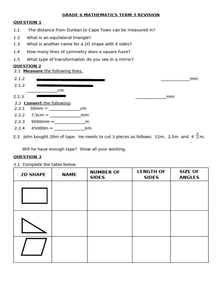 Grade 6 Mathematics Term 3 Revision | PDF | Shape | Area